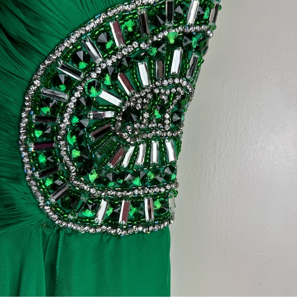 Sherri Hill EmeraldGreen Strapless PleatedTop Rhinestone/Jeweled Chiffon Dress 4 - Picture 10 of 16